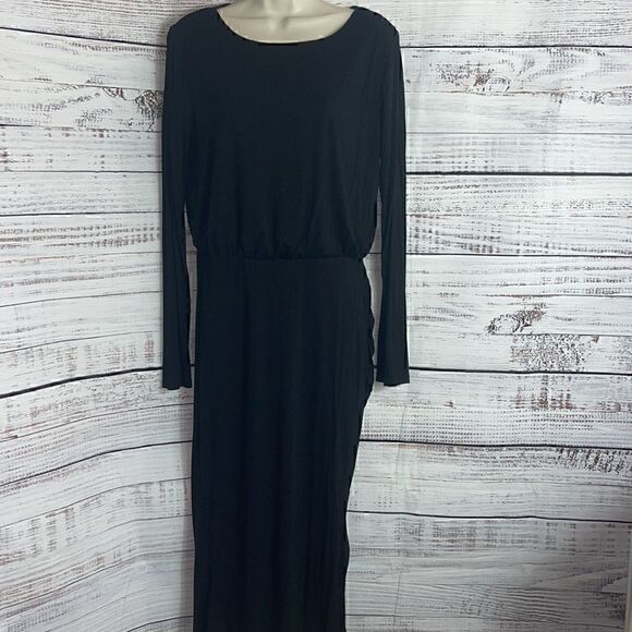 Adelyn Rae Dress Womens size Large Modest Ruched sides Midi Witchy Black Modal - Picture 2 of 8
